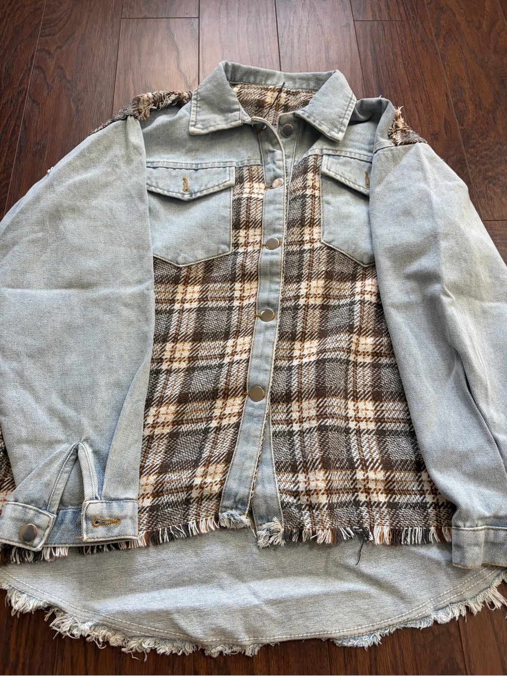 Light Blue Denim Jacket with Brown Plaid Front - Casual Shacket